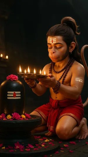 Baal Hanuman Offering Aarti to Lord Shiva
