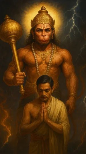Divine Protection – Lord Hanuman Standing Behind His Devotee