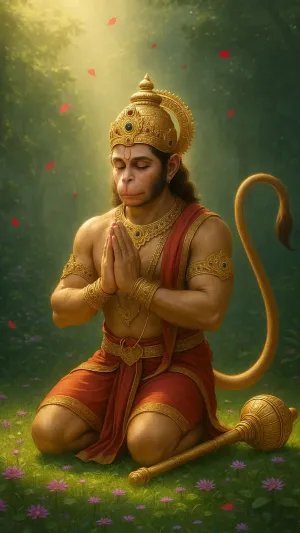 Lord Hanuman in Deep Prayer Amid Nature's Serenity