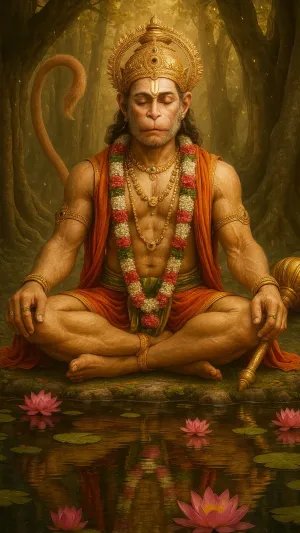 Hanuman Ji Meditating by the Lotus Pond in Divine Serenity