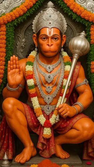 Hanuman Ji Silver Crown Idol Wallpaper in Blessing Pose