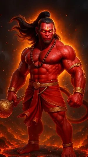 Fierce Red Hanuman with Fiery Aura