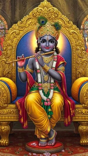 Lord Krishna Sitting on Throne Playing Flute