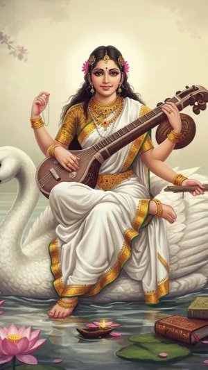 Goddess Saraswati Sitting on Swan with Veena