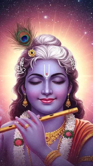 Divine Krishna Playing Flute Under Cosmic Light