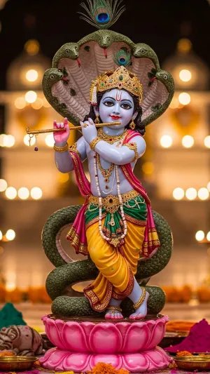 Little Krishna with Kaliya Naag on Lotus Idol