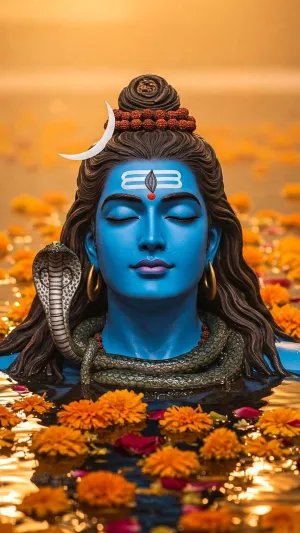 Meditating Shiva Idol in Water with Flowers