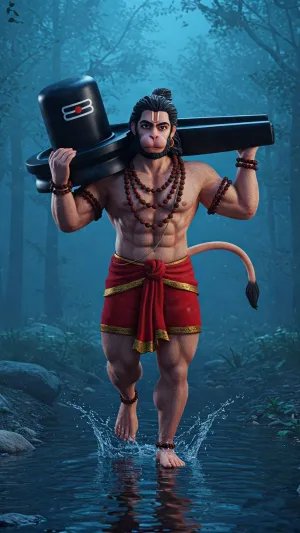 Hanuman Carrying Shivling in Forest - 3D Art