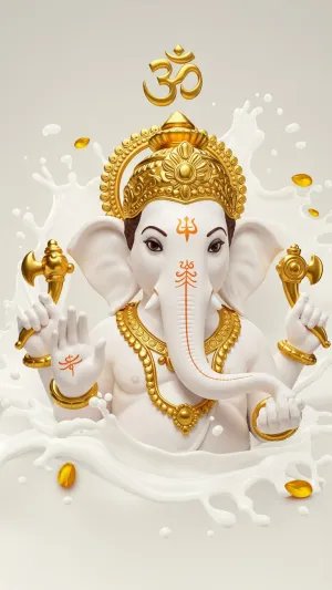 White Ganesh HD Wallpaper – Golden Crown & Milk Splash Background