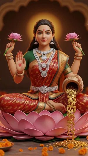 Goddess Lakshmi Blessing with Gold – Divine 4K Wallpaper