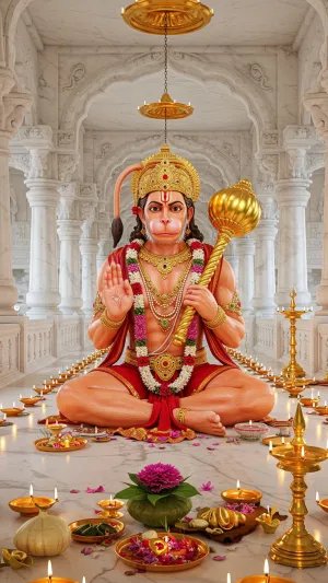 Lord Hanuman Sitting in Temple with Diyas