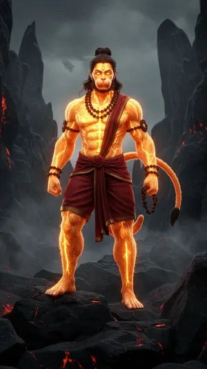 Fiery Hanuman Standing in Volcanic Landscape