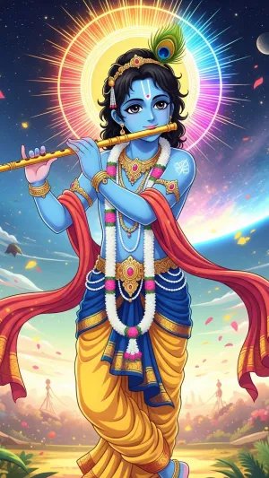 Divine Krishna Playing Flute in Cosmic Scene