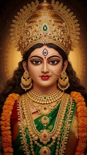 Goddess Durga in Green Saree and Golden Crown