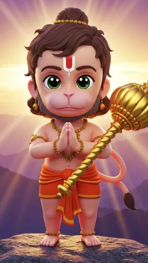 Adorable Baby Hanuman Standing on Mountain with Divine Sunrise