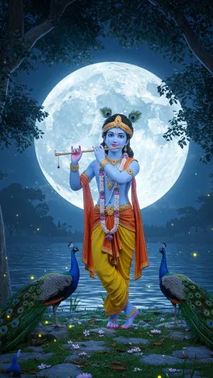 Lord Krishna Playing Flute in Moonlight