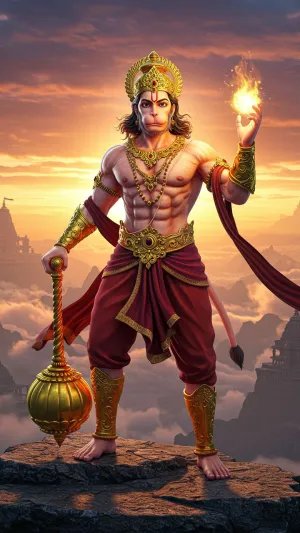 Lord Hanuman Holding Fire Above Ancient Temples