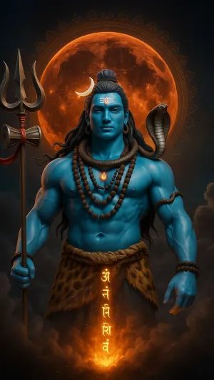 Lord Shiva With Trident and Fiery Moon Behind