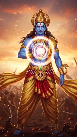 Divine Lord Vishnu in Battle with Glowing Chakra