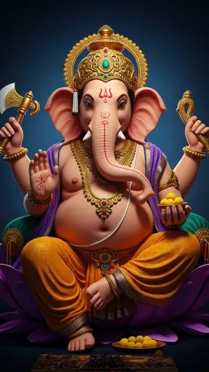 Lord Ganesha Sitting on Lotus with Modaks and Axe