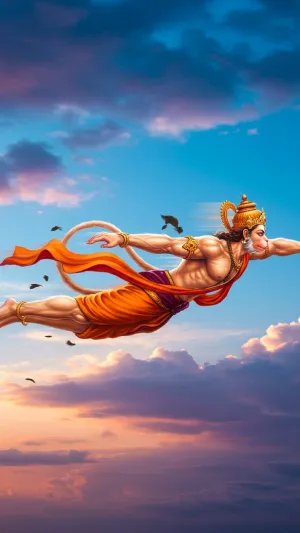 Flying Lord Hanuman Artwork at Sunset Sky