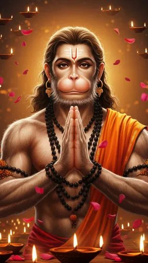 Hanuman with Folded Hands Amid Diya Lamps and Petals
