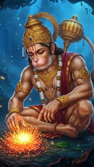 Lord Hanuman Admiring Glowing Divine Flower at Night