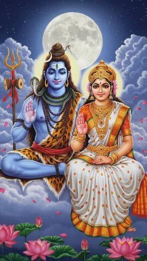 Lord Shiva and Goddess Parvati Sitting in Blessing Pose Under Full Moon