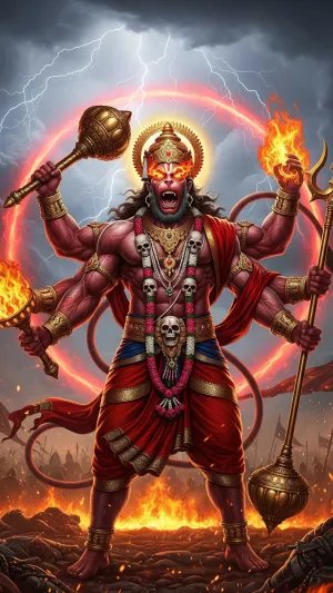 Fierce Panchamukhi Hanuman in Battle with Fire and Lightning