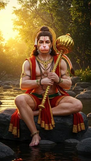 Peaceful Lord Hanuman Sitting with Gada by River