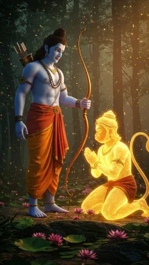 Divine Hanuman Bowing to Lord Rama in Forest
