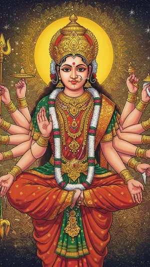 Goddess Durga with Multiple Arms in Divine Aura