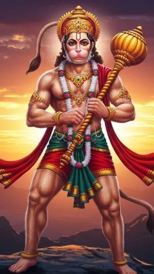 Lord Hanuman with Gada at Sunrise on Mountain