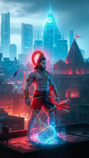 Lord Hanuman with Futuristic City and Digital Gada