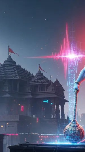 Cyber Hanuman with Digital Gada and Temple Cityscape