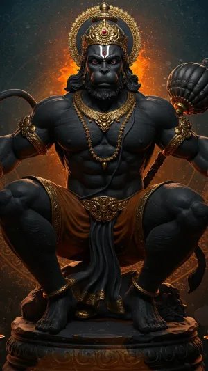 Fierce Black Hanuman Sitting with Mace and Fire Aura