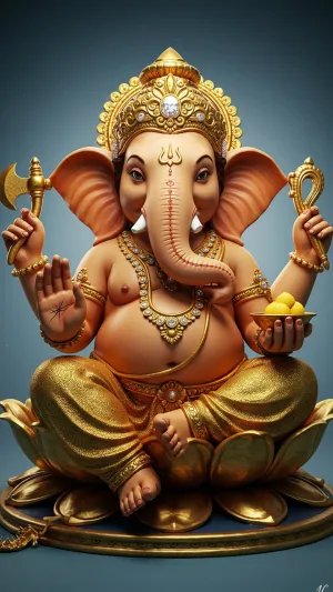 Golden Ganesha Sitting on Lotus Holding Modak and Axe