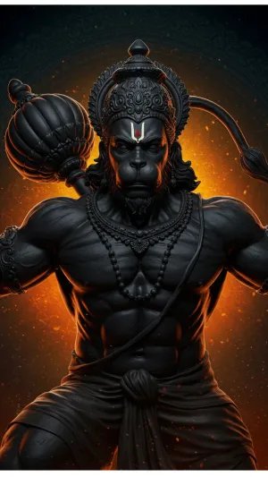 Black Stone Hanuman with Mace and Fiery Background