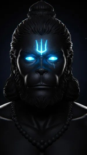 Dark Hanuman with Glowing Blue Trishul on Forehead