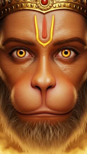 3D Close-Up Hanuman Face with Divine Eyes and Golden Crown