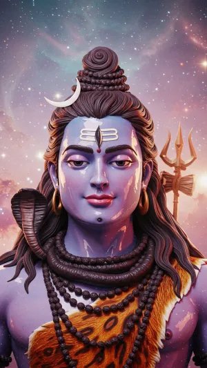 3D Lord Shiva Portrait with Cosmic Background and Trishul