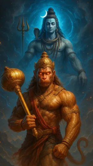 3D Hanuman with Glowing Eyes and Shiva in Divine Background