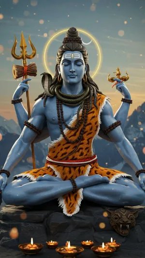 Lord Shiva 3D Artwork in Meditation with Trident and Diya Lamps