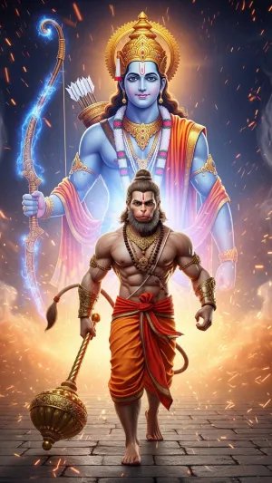 3D Lord Hanuman with Ram Behind in Fiery Divine Aura