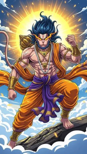 Veer Hanuman with Fiery Eyes Standing Against the Sun