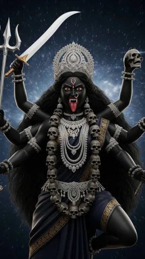 Maa Kali in Fierce Form Holding Weapons and Skulls