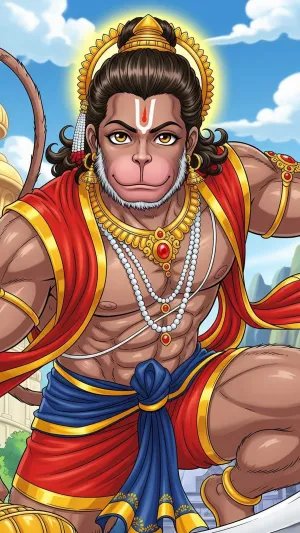 Anime Style Lord Hanuman with Golden Mace and Temple