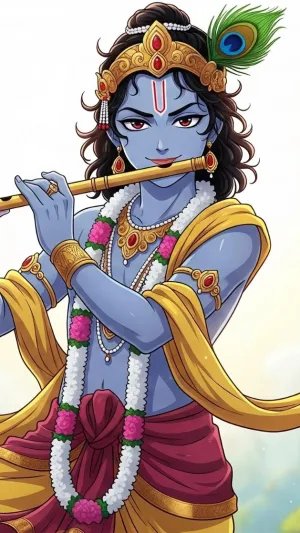 Divine Cartoon Krishna Playing Flute in Temple Garden