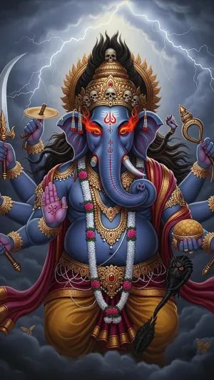 Fierce Multihand Lord Ganesha with Glowing Eyes and Weapons