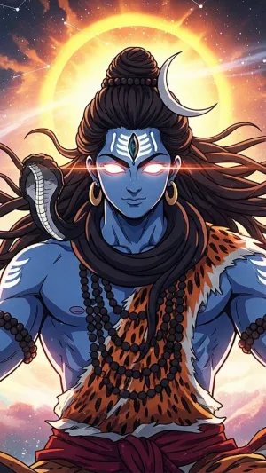 Divine Cosmic Lord Shiva with Glowing Eyes and Galaxy Aura
